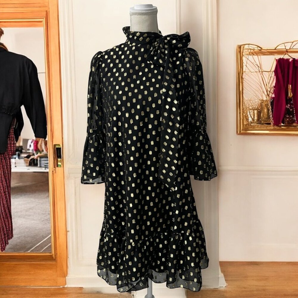 Calvin Klein Black & Gold Metallic Polka Dot Shift Dress With Bow Detail‎ Size 2